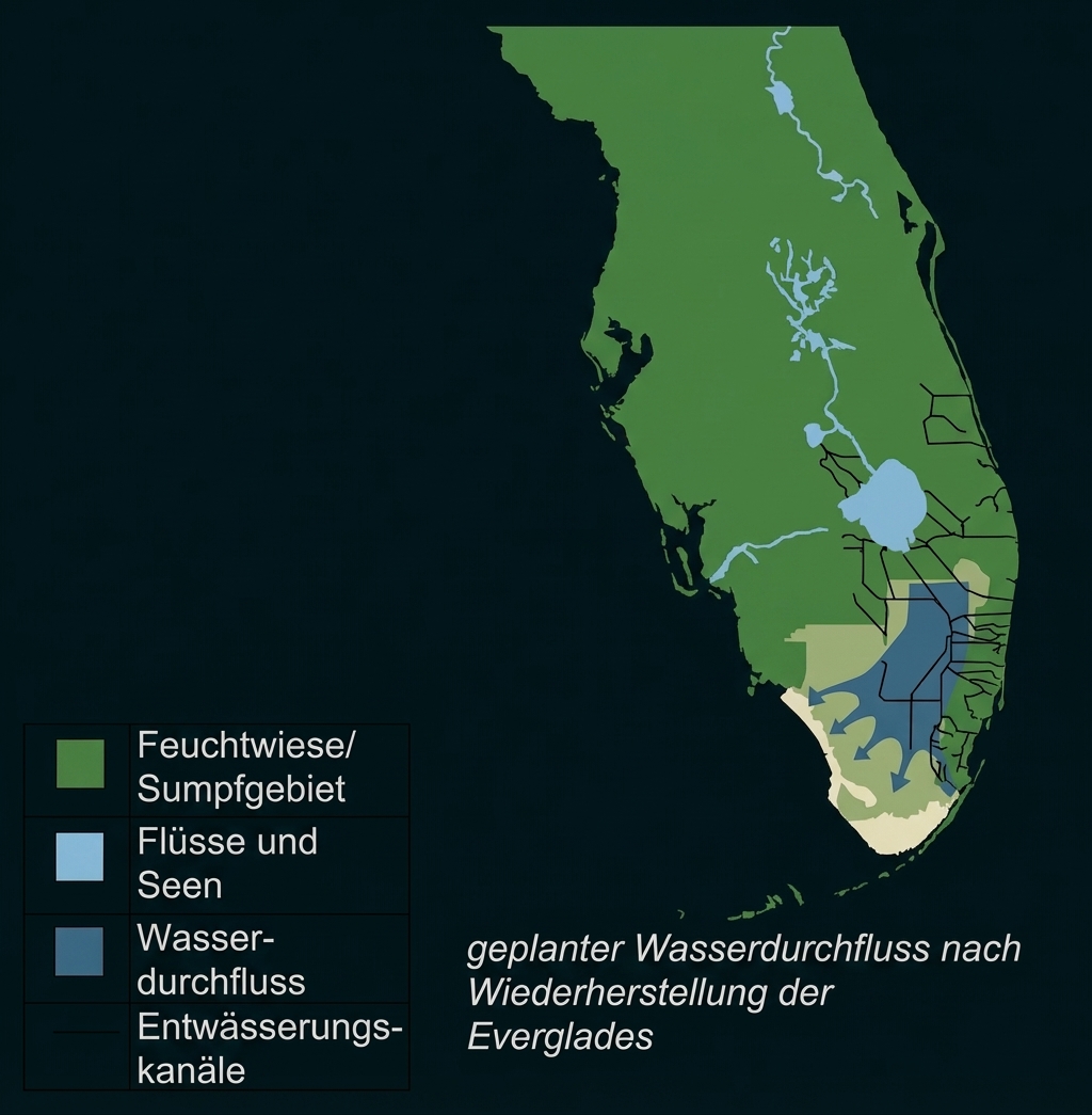 Karte von Südflorida mit Everglades, Sumpfgebieten, Seen, Entwässerungskanälen und geplantem Wasserdurchfluss